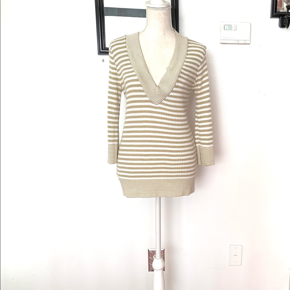 American Attitudes Striped Tan Beige Tunic Top Size Medium